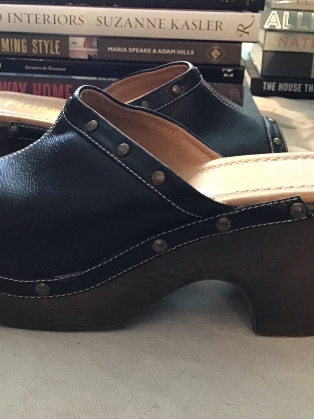 Flojos Black/Brown Stud Trim Leather Clog Mules